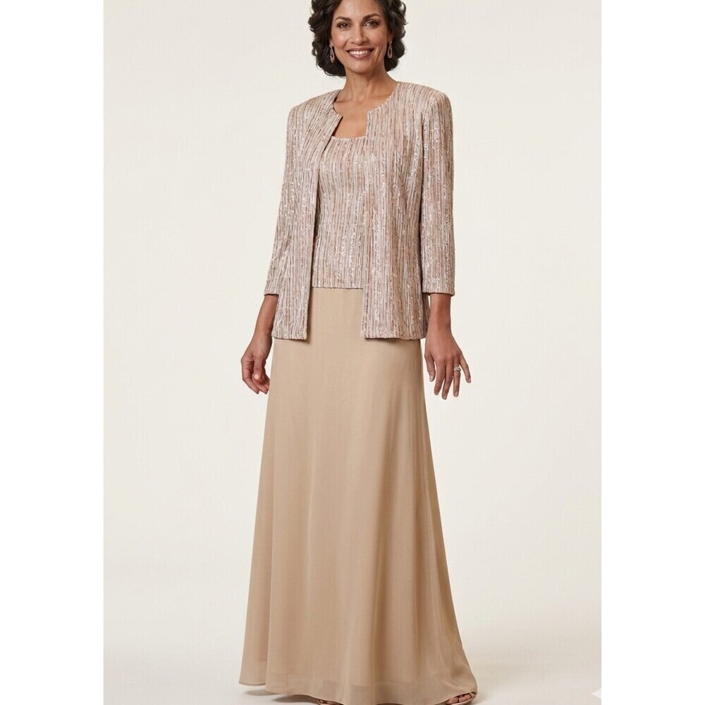 Alex Evenings Gold Glitter 3 Piece Evening Gown Skirt Suit Set Large Formal